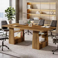 Lantine 63-inch Rectangular Conference Table with 4 Shelves, Sturdy Large Office Meeting Desk for 6-8 People, Brown.