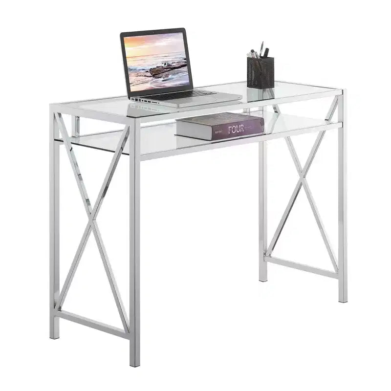 Bureau de télétravail 42" avec étagère — Surface en verre trempé, cadre en métal chromé