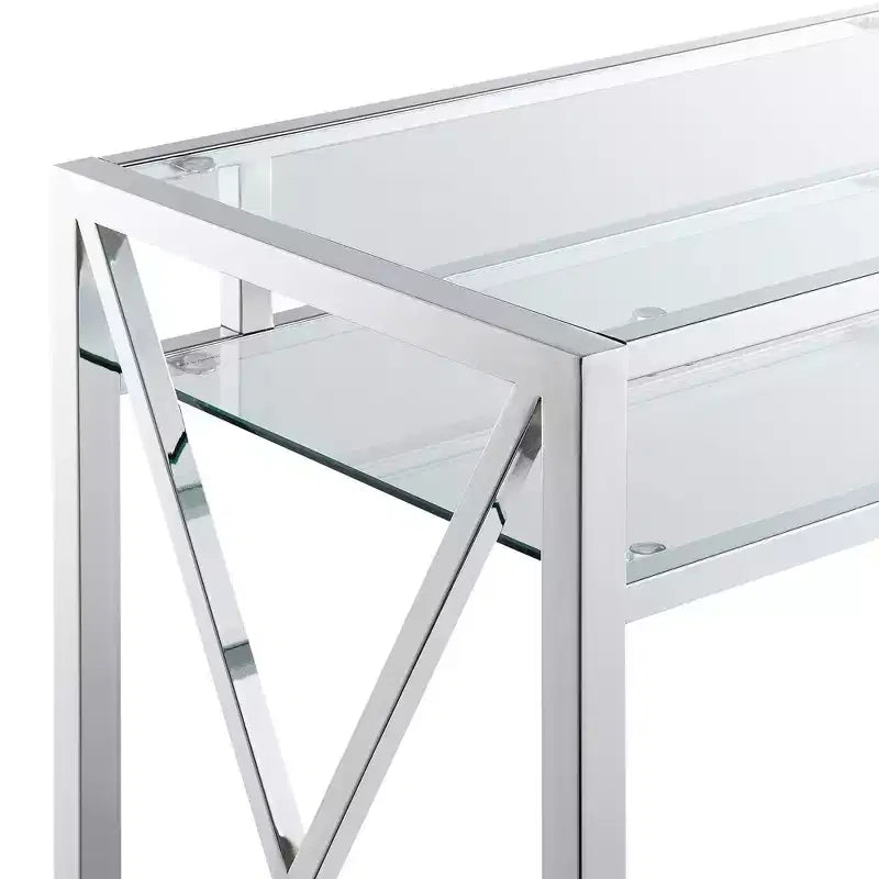 Bureau de télétravail 42" avec étagère — Surface en verre trempé, cadre en métal chromé
