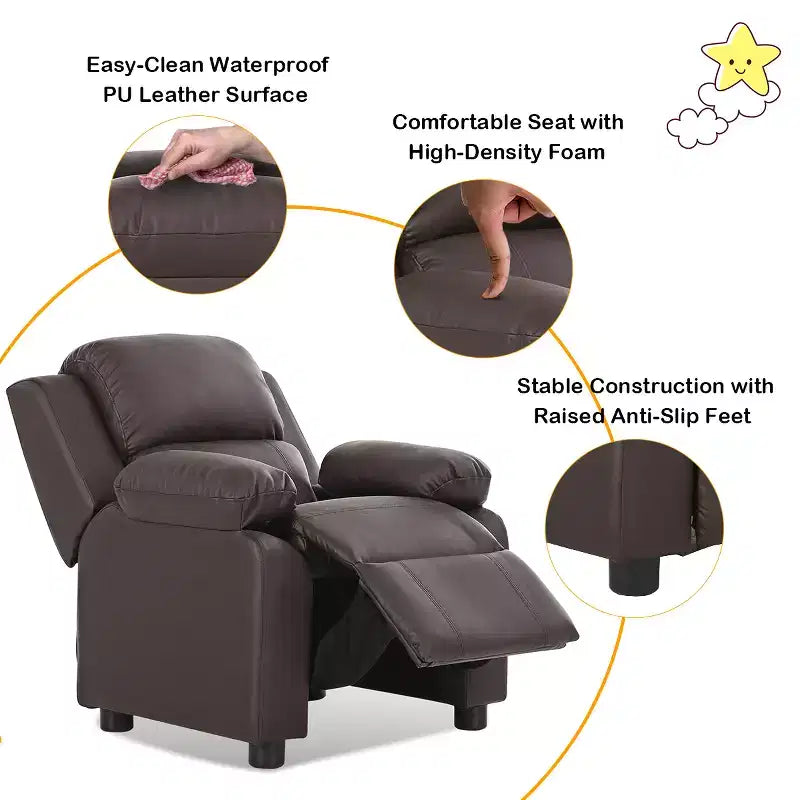 Fauteuil inclinable pour enfants avec rangement — Cuir PU, réglable, 2-11 ans, marron