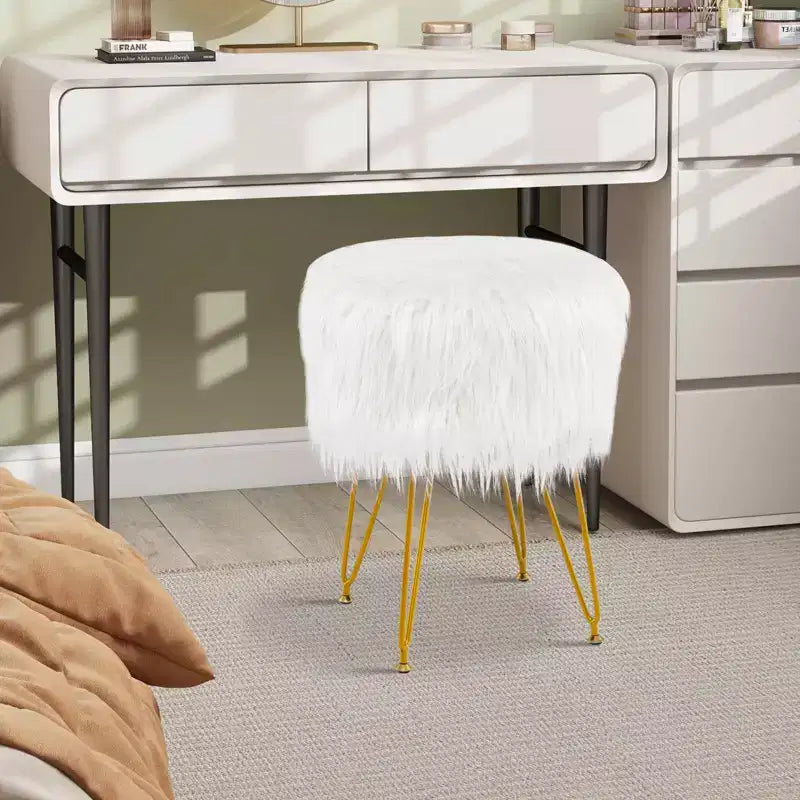 Tabouret de maquillage en fausse fourrure – Siège rond rembourré en fourrure, capacité de 150 kg, rose/blanc