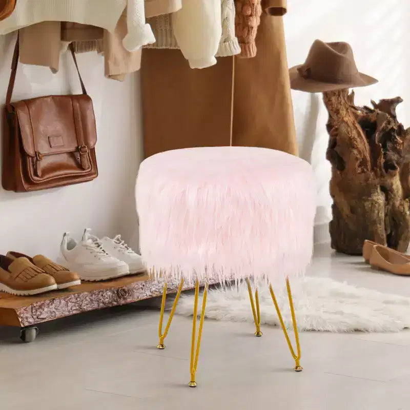 Tabouret de maquillage en fausse fourrure – Siège rond rembourré en fourrure, capacité de 150 kg, rose/blanc