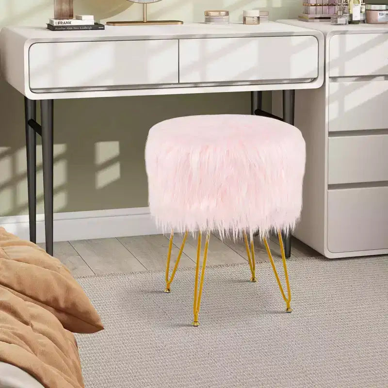 Tabouret de maquillage en fausse fourrure – Siège rond rembourré en fourrure, capacité de 150 kg, rose/blanc