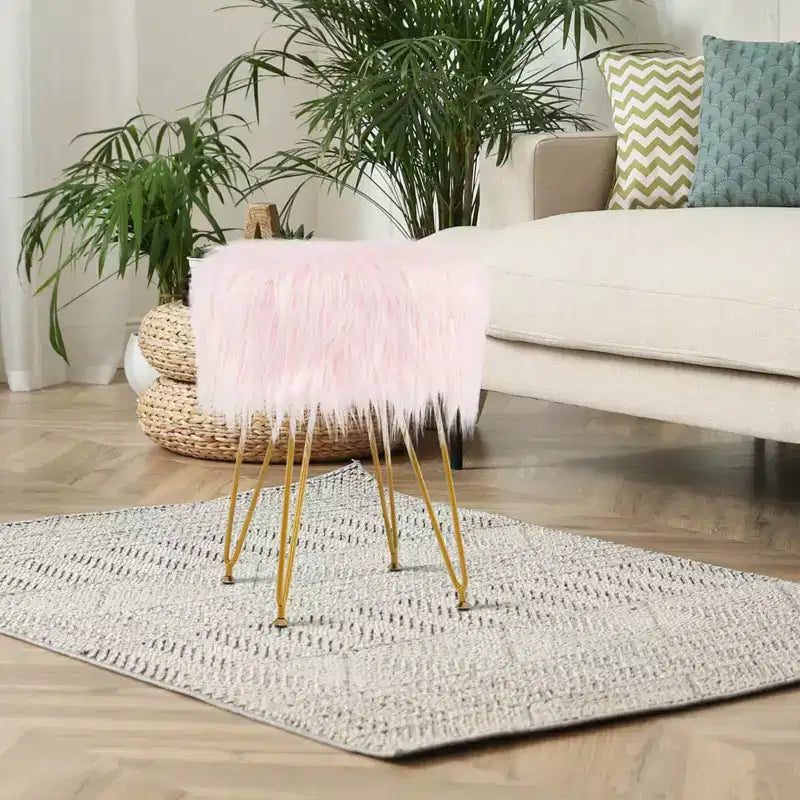 Tabouret de maquillage en fausse fourrure – Siège rond rembourré en fourrure, capacité de 150 kg, rose/blanc