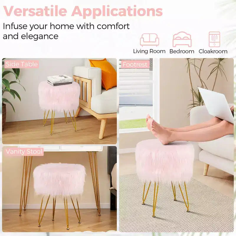 Tabouret de maquillage en fausse fourrure – Siège rond rembourré en fourrure, capacité de 150 kg, rose/blanc