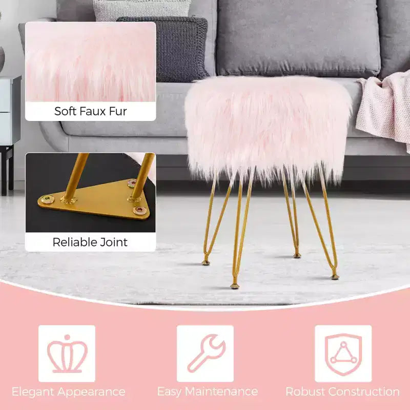 Tabouret de maquillage en fausse fourrure – Siège rond rembourré en fourrure, capacité de 150 kg, rose/blanc