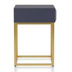 Table d'appoint à 1 tiroir — Plateau en placage de bois bleu, cadre en acier doré, 61 cm H