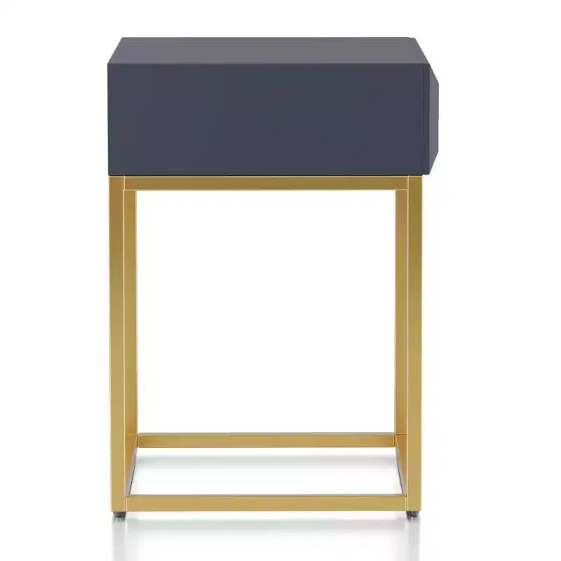 Table d'appoint à 1 tiroir — Plateau en placage de bois bleu, cadre en acier doré, 61 cm H
