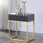 Table d'appoint à 1 tiroir — Plateau en placage de bois bleu, cadre en acier doré, 61 cm H
