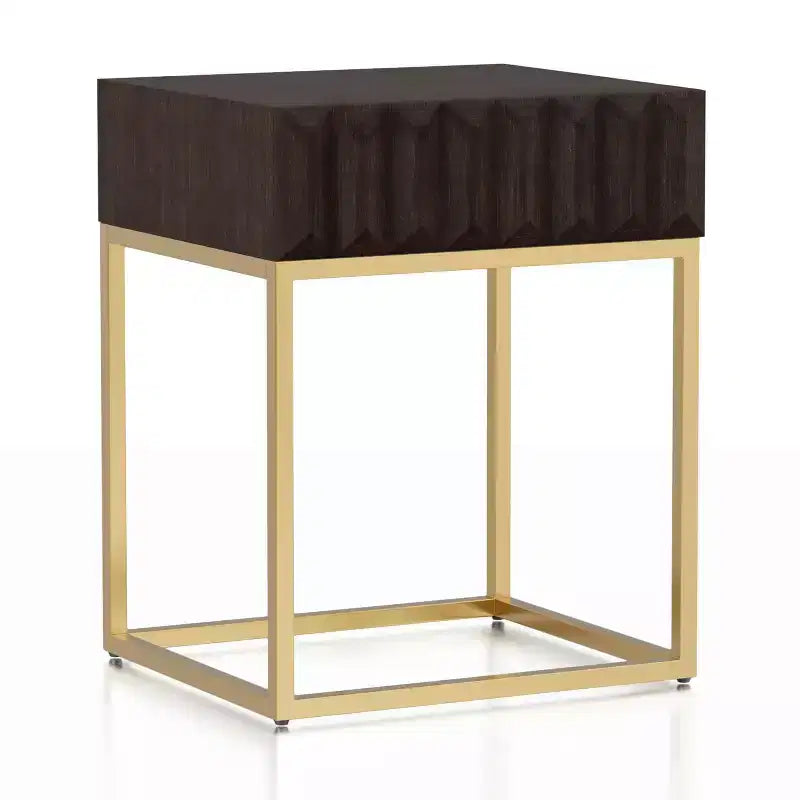 Table d'appoint à 1 tiroir — Plateau en placage de bois bleu, cadre en acier doré, 61 cm H