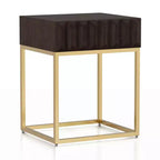 Table d'appoint à 1 tiroir — Plateau en placage de bois bleu, cadre en acier doré, 61 cm H