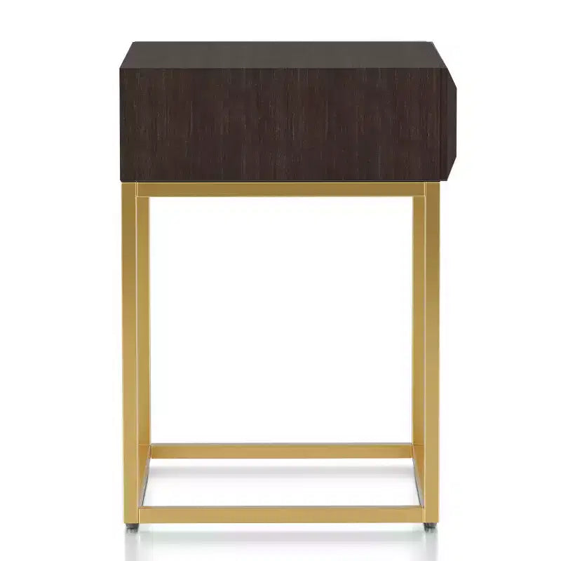Table d'appoint à 1 tiroir — Plateau en placage de bois bleu, cadre en acier doré, 61 cm H