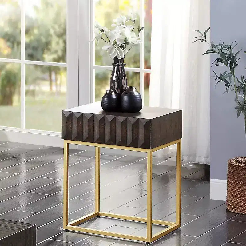 Table d'appoint à 1 tiroir — Plateau en placage de bois bleu, cadre en acier doré, 61 cm H