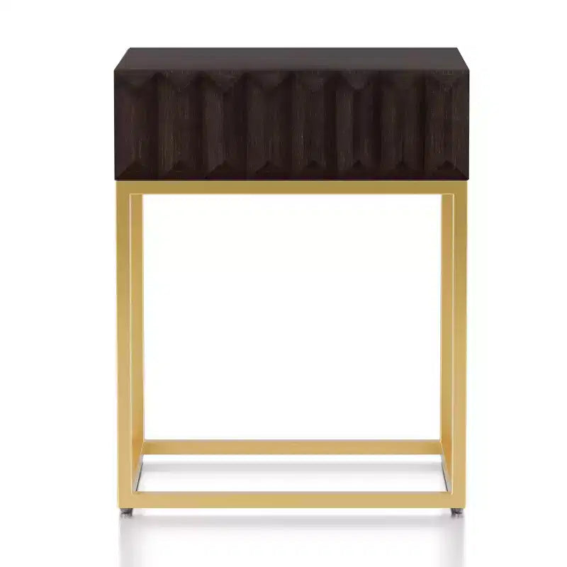 Table d'appoint à 1 tiroir — Plateau en placage de bois bleu, cadre en acier doré, 61 cm H
