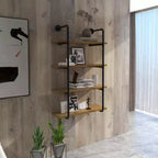 Étagères murales flottantes industrielles à 4 niveaux — Cadre en acier, MDF aspect bois, 128 cm de hauteur, Marron