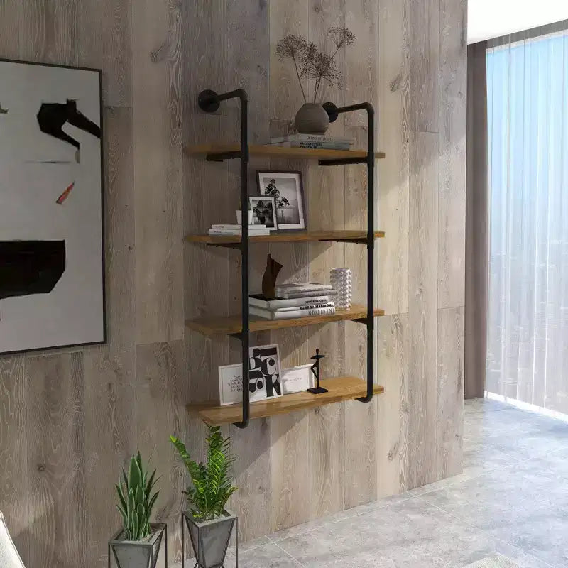 Étagères murales flottantes industrielles à 4 niveaux — Cadre en acier, MDF aspect bois, 128 cm de hauteur, Marron