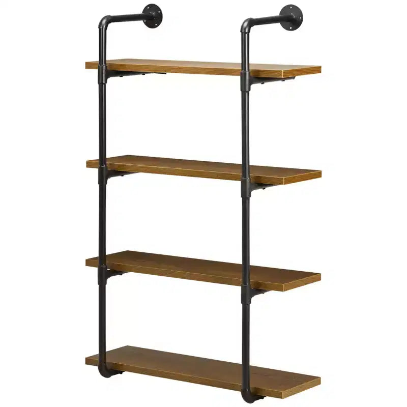 Étagères murales flottantes industrielles à 4 niveaux — Cadre en acier, MDF aspect bois, 128 cm de hauteur, Marron